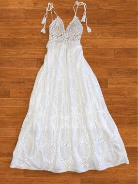 Lemon White Crochet-Top Eyelet Maxi Dress